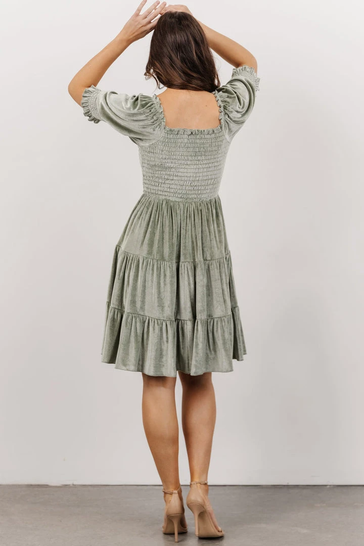 BB Custom Bliss Smocked Velvet Short Dress | Dusty Sage 3 BB Custom Bliss Smocked Velvet Short Dress | Dusty Sage