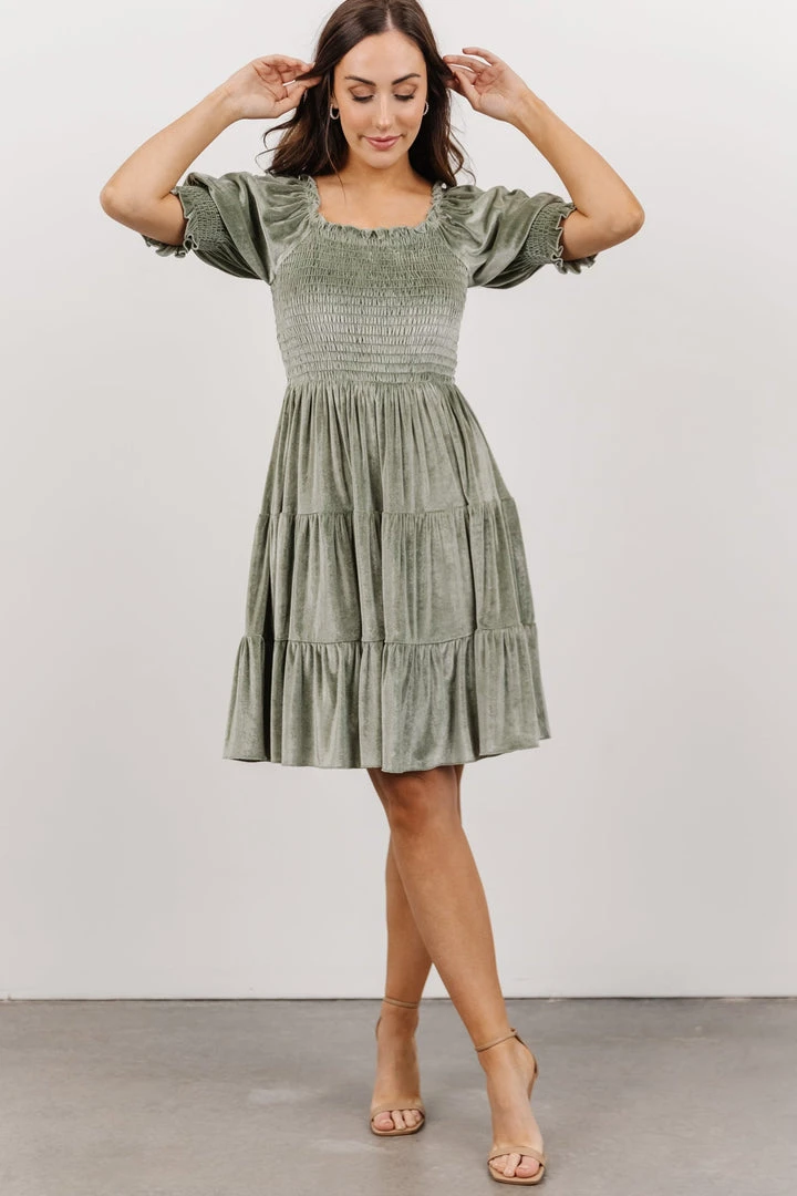 BB Custom Bliss Smocked Velvet Short Dress | Dusty Sage 4 BB Custom Bliss Smocked Velvet Short Dress | Dusty Sage