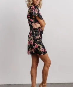 DF Dresses Calloway Wrap Mini Dress | Black + Pink Floral