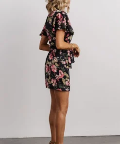 DF Dresses Calloway Wrap Mini Dress | Black + Pink Floral