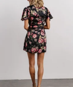 DF Dresses Calloway Wrap Mini Dress | Black + Pink Floral