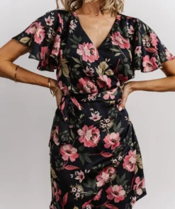 DF Dresses Calloway Wrap Mini Dress | Black + Pink Floral