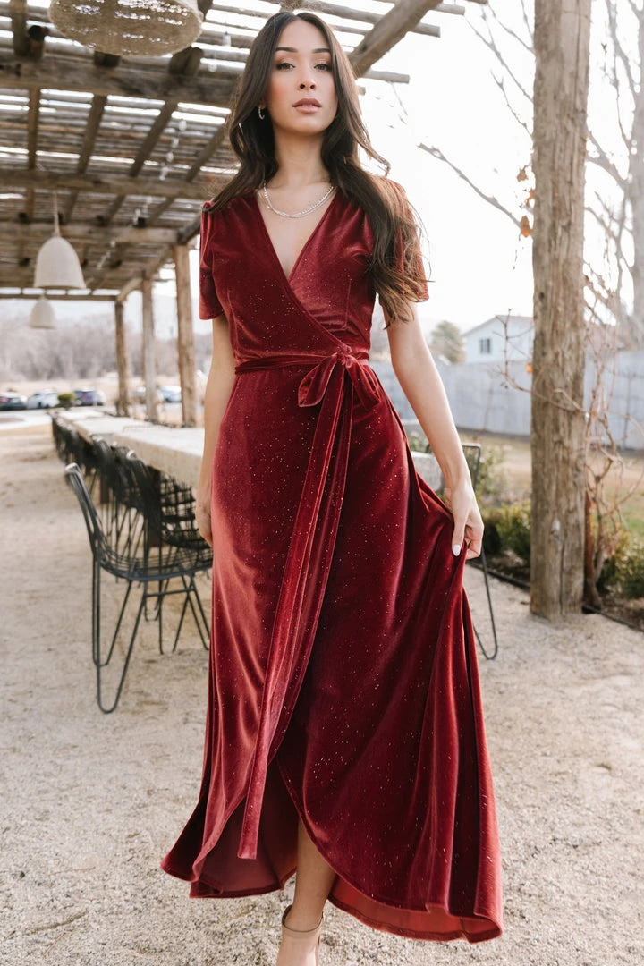 BB Custom Dresses Calvin Sparkle Velvet Wrap Dress | Dusty Clay 1 BB Custom Dresses Calvin Sparkle Velvet Wrap Dress | Dusty Clay
