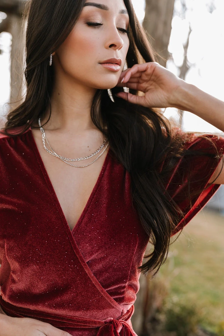 BB Custom Dresses Calvin Sparkle Velvet Wrap Dress | Dusty Clay 5 BB Custom Dresses Calvin Sparkle Velvet Wrap Dress | Dusty Clay