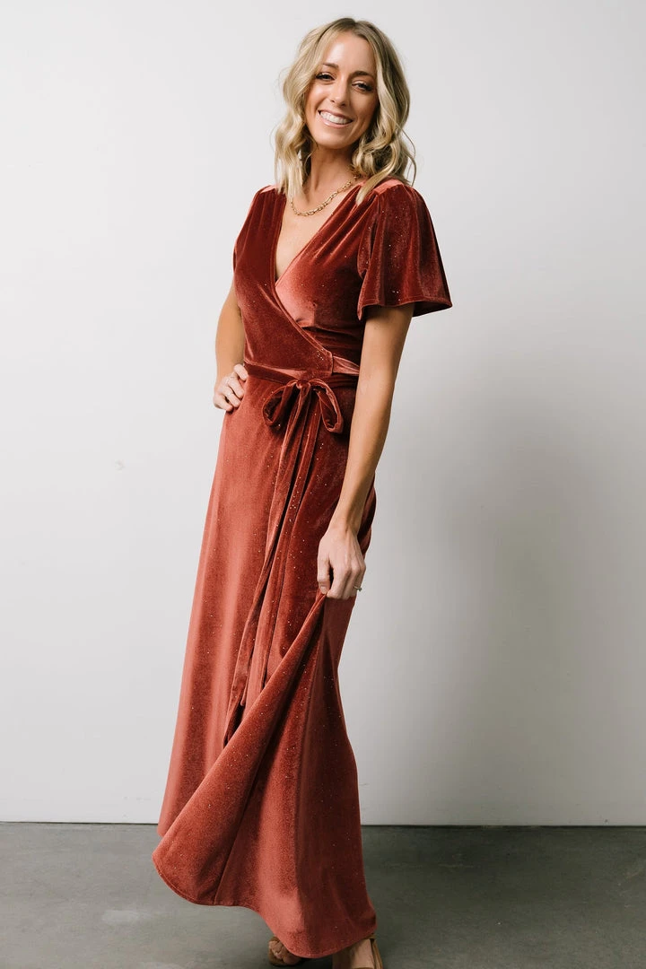 BB Custom Dresses Calvin Sparkle Velvet Wrap Dress | Dusty Clay 9 BB Custom Dresses Calvin Sparkle Velvet Wrap Dress | Dusty Clay