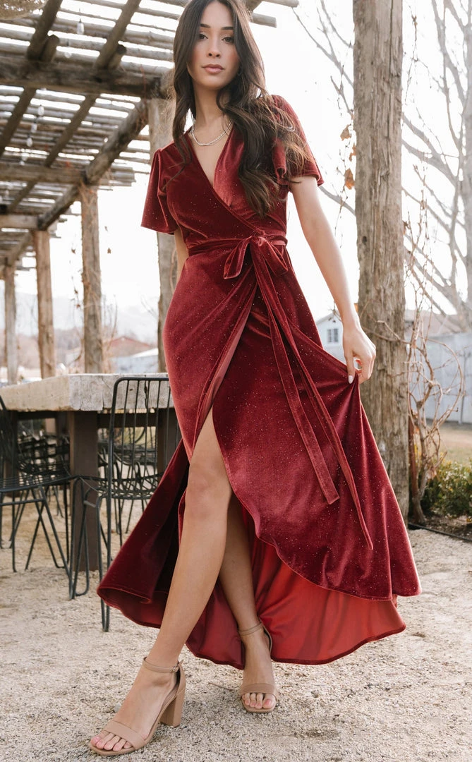BB Custom Dresses Calvin Sparkle Velvet Wrap Dress | Dusty Clay 3 BB Custom Dresses Calvin Sparkle Velvet Wrap Dress | Dusty Clay