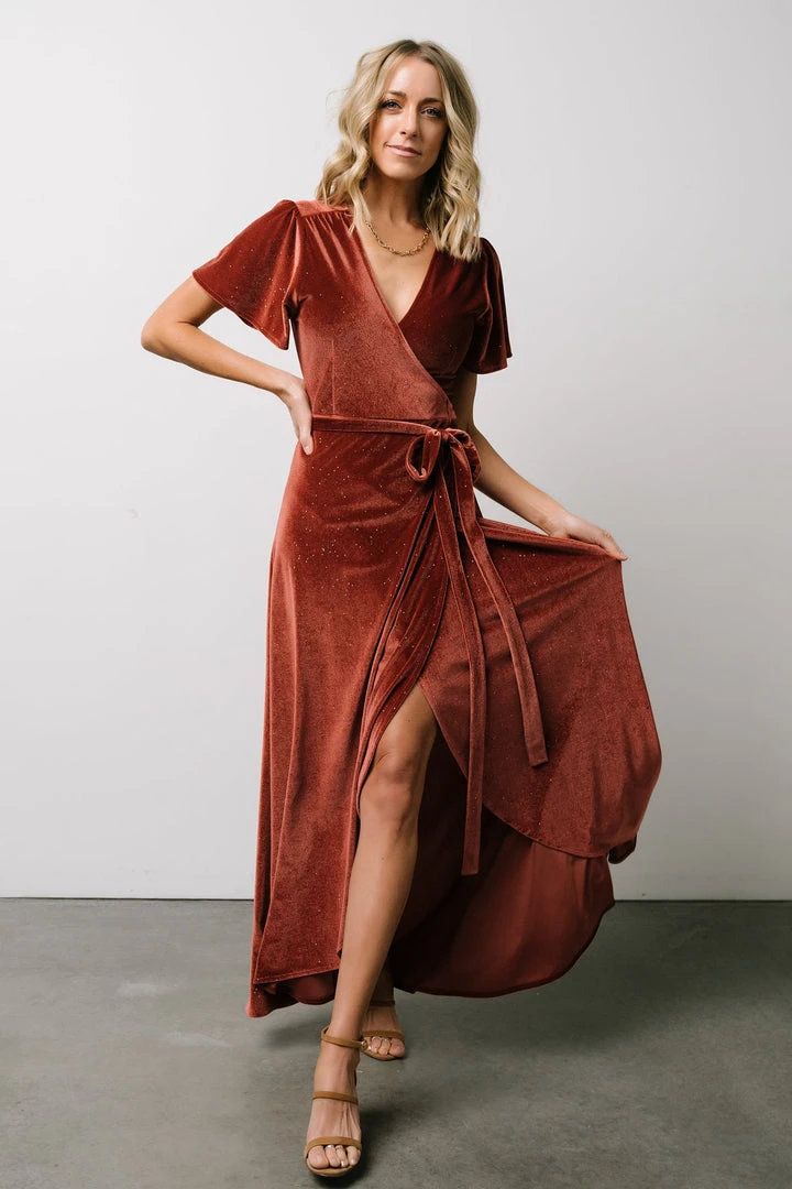 BB Custom Dresses Calvin Sparkle Velvet Wrap Dress | Dusty Clay 8 BB Custom Dresses Calvin Sparkle Velvet Wrap Dress | Dusty Clay