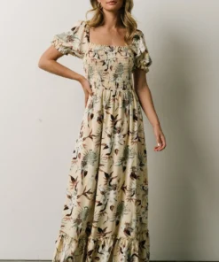 BB Custom Capri Smocked Maxi Dress | Cream Palm Print Dresses