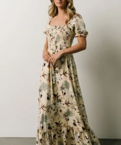 BB Custom Capri Smocked Maxi Dress | Cream Palm Print Dresses