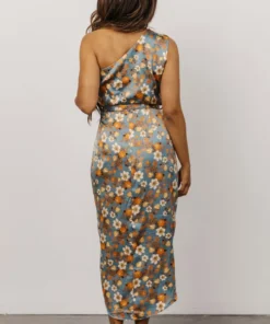 BB Custom Dresses Celia One Shoulder Midi Dress | Blue Floral