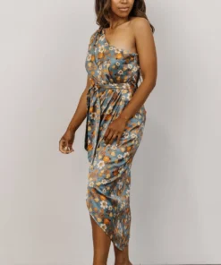 BB Custom Dresses Celia One Shoulder Midi Dress | Blue Floral