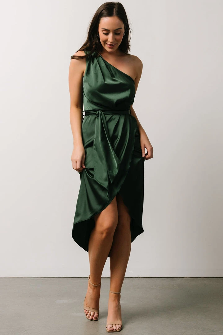 BB Custom Dresses Celia One Shoulder Midi Dress | Dark Green 1 BB Custom Dresses Celia One Shoulder Midi Dress | Dark Green