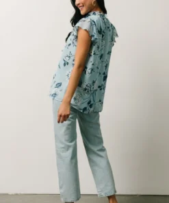 SL Chloe Mock Neck Top | Light Blue Floral Tops