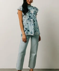 SL Chloe Mock Neck Top | Light Blue Floral Tops