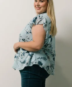 SL Chloe Mock Neck Top | Light Blue Floral Tops