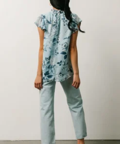 SL Chloe Mock Neck Top | Light Blue Floral Tops