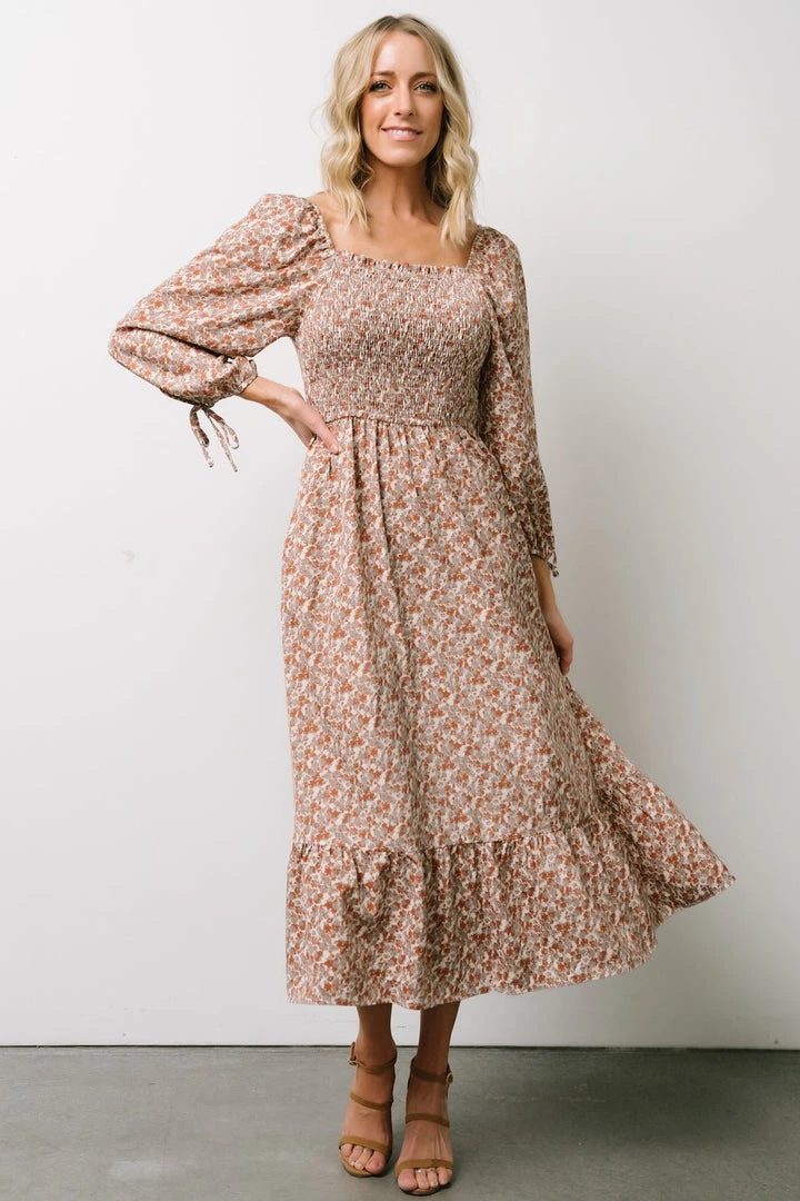 HAY Dell Smocked Midi Dress | Rust + Gray Floral Dresses 1 HAY Dell Smocked Midi Dress | Rust + Gray Floral Dresses