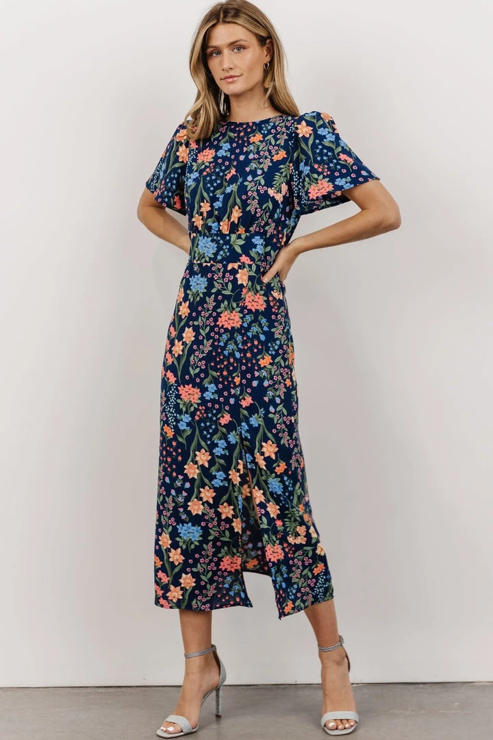 SL Eleanor Midi Dress | Dark Blue + Coral Floral Dresses 1 SL Eleanor Midi Dress | Dark Blue + Coral Floral Dresses