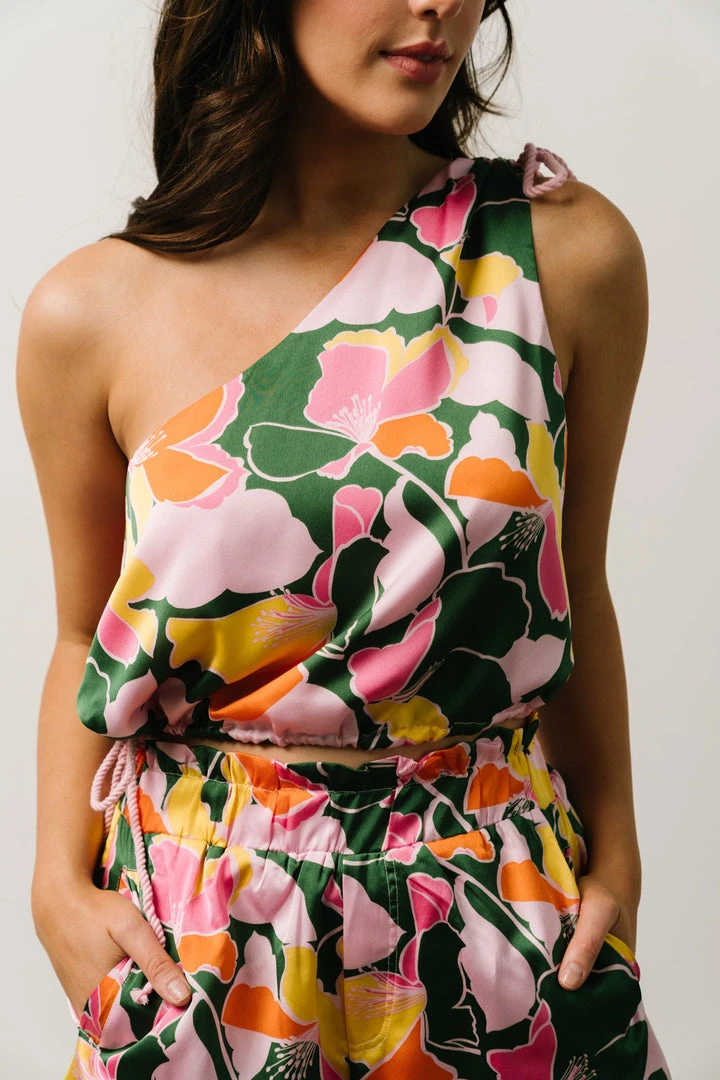 SL Emilia One Shoulder Crop Top | Pink + Green Floral Tops 1 SL Emilia One Shoulder Crop Top | Pink + Green Floral Tops