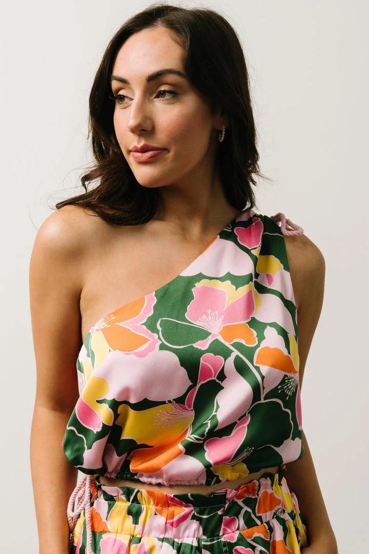 SL Emilia One Shoulder Crop Top | Pink + Green Floral Tops 7 SL Emilia One Shoulder Crop Top | Pink + Green Floral Tops