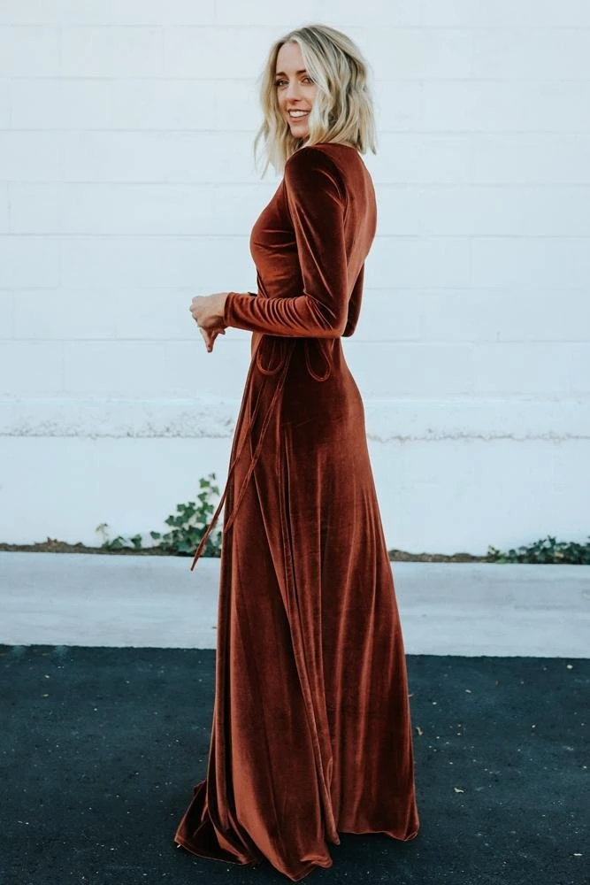 BB Custom Dresses Esmerelda Velvet Wrap Maxi Dress | Bronze 2 BB Custom Dresses Esmerelda Velvet Wrap Maxi Dress | Bronze