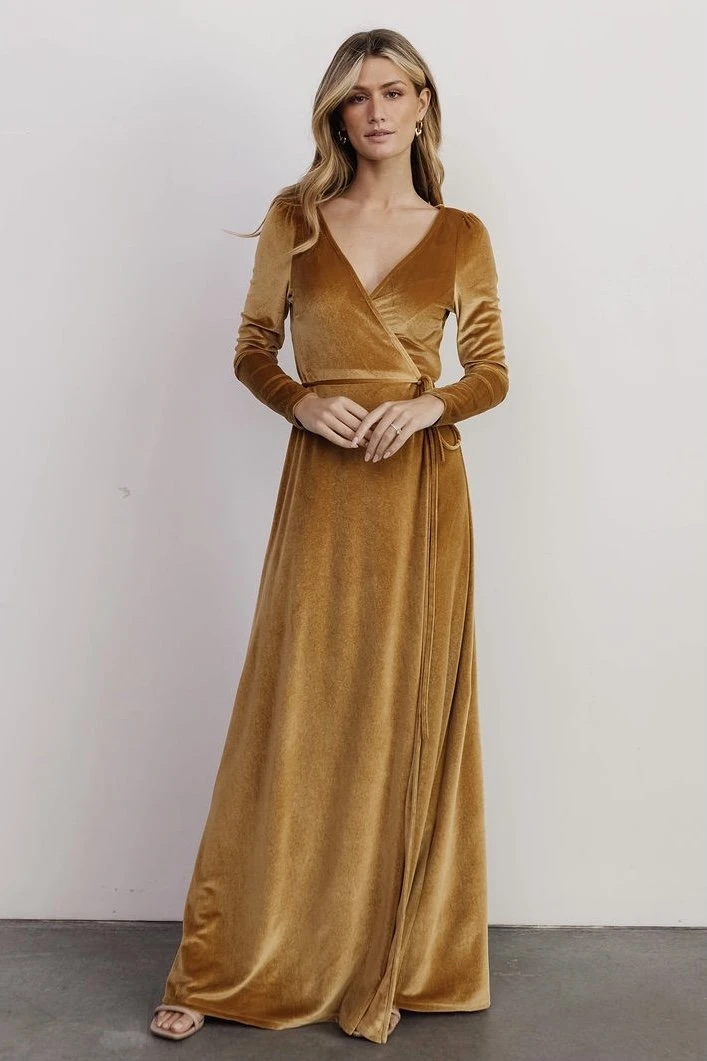BB Custom Esmerelda Velvet Wrap Maxi Dress | Gold 1 BB Custom Esmerelda Velvet Wrap Maxi Dress | Gold