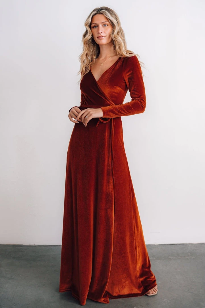 BB Custom Esmerelda Velvet Wrap Maxi Dress | Rust 3 BB Custom Esmerelda Velvet Wrap Maxi Dress | Rust