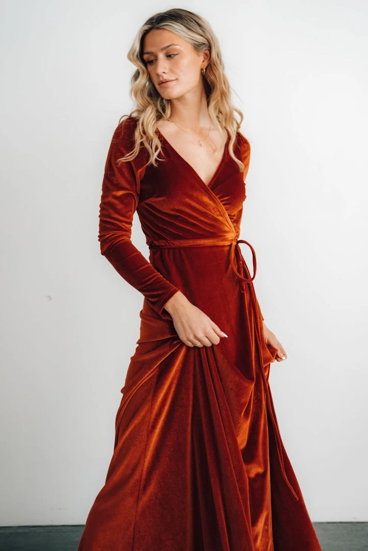 BB Custom Esmerelda Velvet Wrap Maxi Dress | Rust 6 BB Custom Esmerelda Velvet Wrap Maxi Dress | Rust