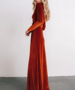 BB Custom Esmerelda Velvet Wrap Maxi Dress | Rust 12 BB Custom Esmerelda Velvet Wrap Maxi Dress | Rust