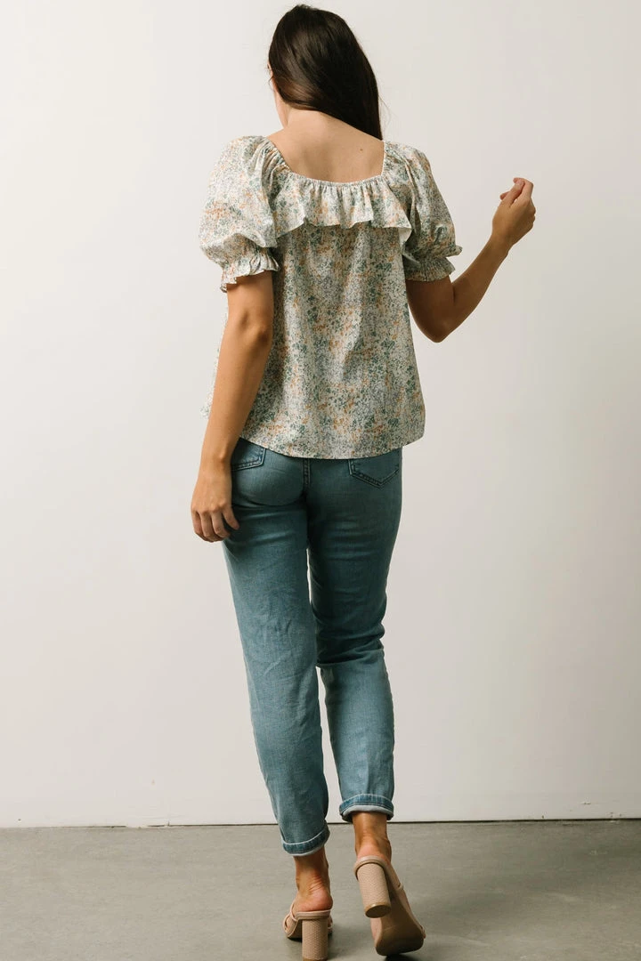 POL Estonia Square Neck Top | Cream + Sage Multi Floral Tops 3 POL Estonia Square Neck Top | Cream + Sage Multi Floral Tops