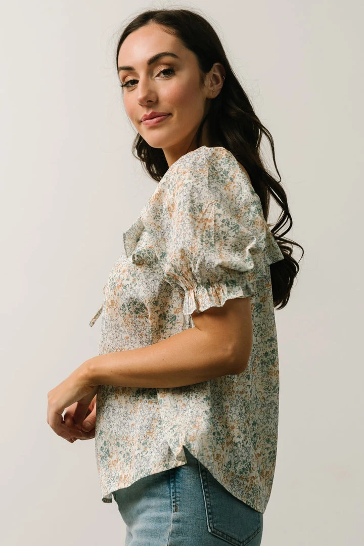 POL Estonia Square Neck Top | Cream + Sage Multi Floral Tops 5 POL Estonia Square Neck Top | Cream + Sage Multi Floral Tops