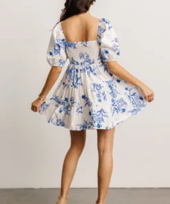 FT Evelina Smocked Short Dress | Off White + Blue Dresses