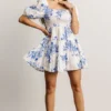 FT Evelina Smocked Short Dress | Off White + Blue Dresses