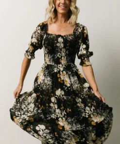 BB Custom Fabian Jacquard Midi Dress | Black Floral