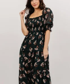BB Custom Dresses Fabian Jacquard Midi Dress | Dark Green Floral