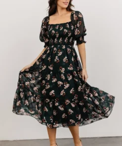 BB Custom Dresses Fabian Jacquard Midi Dress | Dark Green Floral