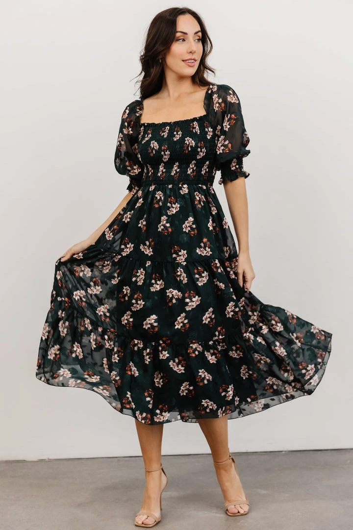 BB Custom Dresses Fabian Jacquard Midi Dress | Dark Green Floral 1 BB Custom Dresses Fabian Jacquard Midi Dress | Dark Green Floral