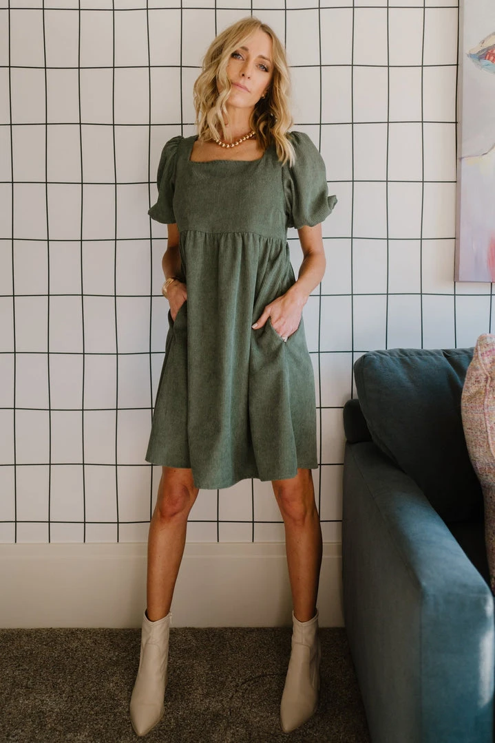 POL Felipa Corduroy Mini Dress | Dusty Green Dresses 1 POL Felipa Corduroy Mini Dress | Dusty Green Dresses