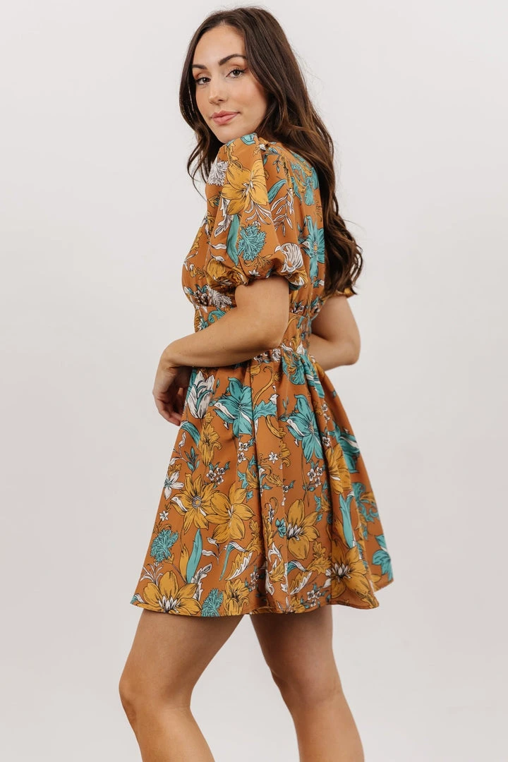 FT Dresses Finland Balloon Sleeve Mini Dress | Camel Floral 2 FT Dresses Finland Balloon Sleeve Mini Dress | Camel Floral