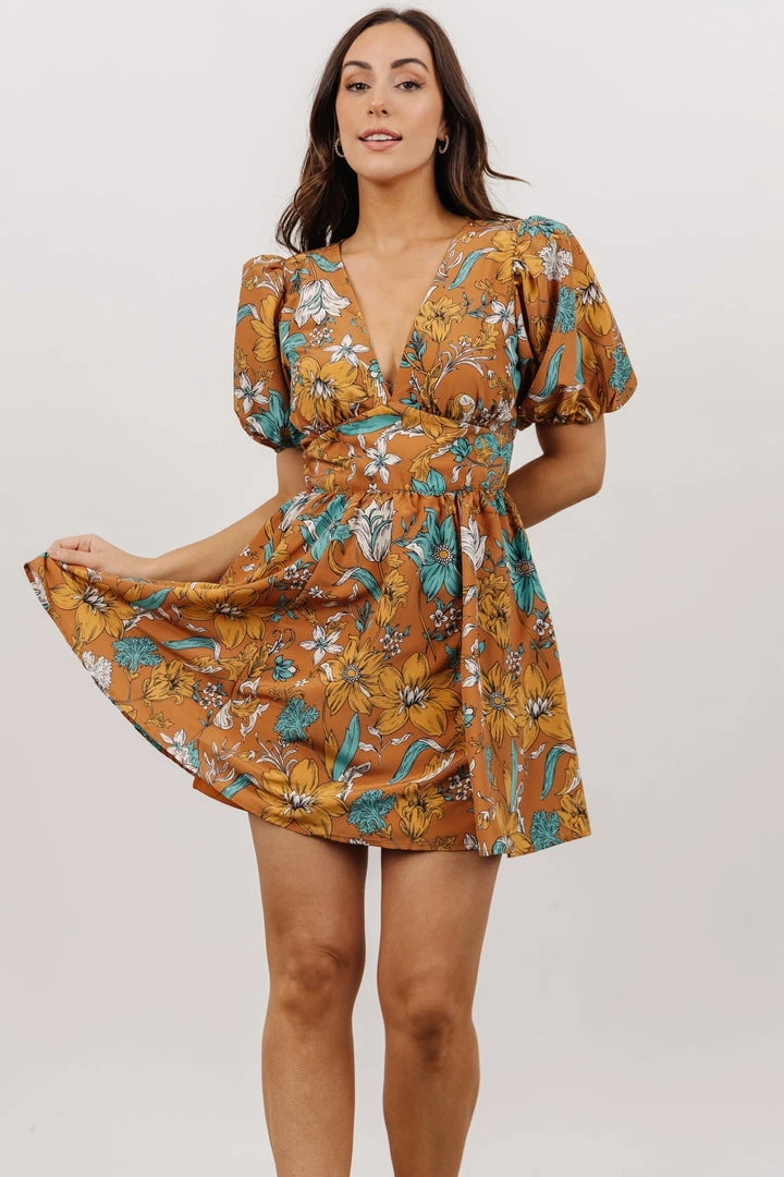 FT Dresses Finland Balloon Sleeve Mini Dress | Camel Floral 1 FT Dresses Finland Balloon Sleeve Mini Dress | Camel Floral
