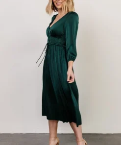 POL Dresses Gabriella Satin Midi Dress | Dark Green