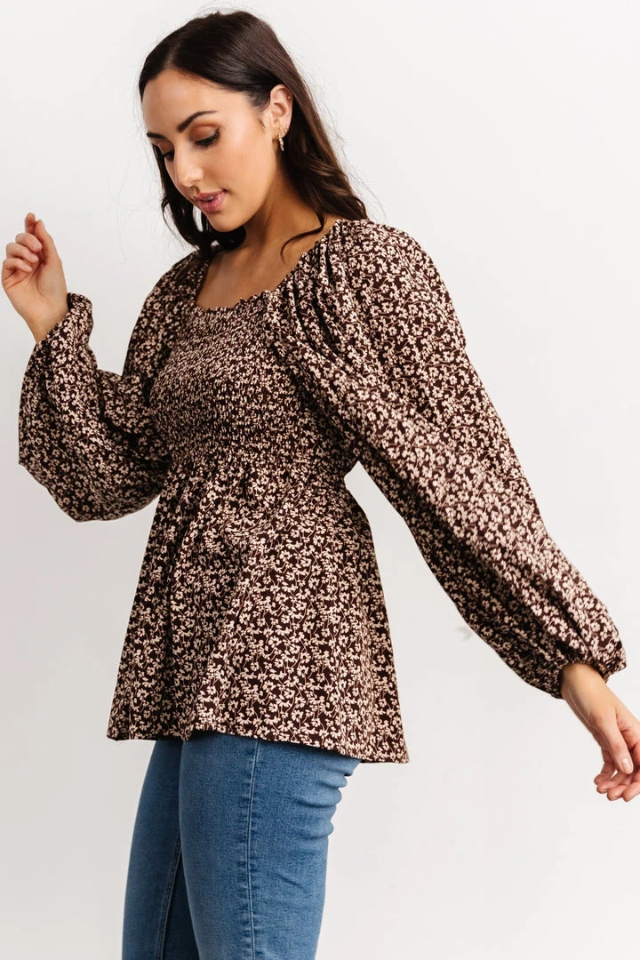 HAY Greta Long Sleeve Peasant Top | Brown Floral 3 HAY Greta Long Sleeve Peasant Top | Brown Floral