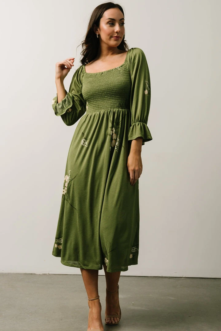 SL Heather Smocked Midi Dress | Olive + Peach Floral 1 SL Heather Smocked Midi Dress | Olive + Peach Floral