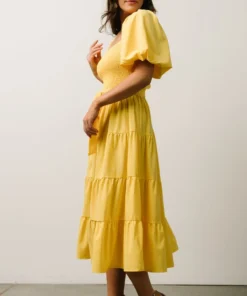 FT Horizon Puff Sleeve Smocked Midi Dress | Bright Yellow