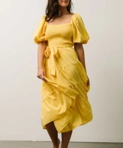 FT Horizon Puff Sleeve Smocked Midi Dress | Bright Yellow