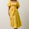 FT Horizon Puff Sleeve Smocked Midi Dress | Bright Yellow