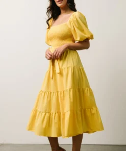 FT Horizon Puff Sleeve Smocked Midi Dress | Bright Yellow