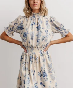 SL Indie Mock Neck Mini Dress | Cream + Blue Floral Dresses