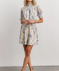 SL Indie Mock Neck Mini Dress | Cream + Blue Floral Dresses