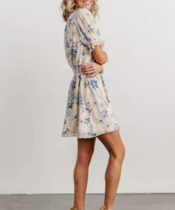 SL Indie Mock Neck Mini Dress | Cream + Blue Floral Dresses